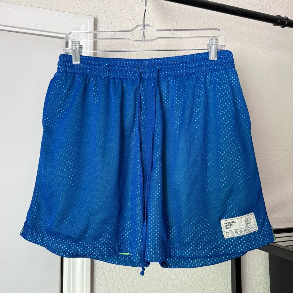 PASADENA LEISURE CLUB blue basketball mesh athletic logo patch‎ elastic shorts